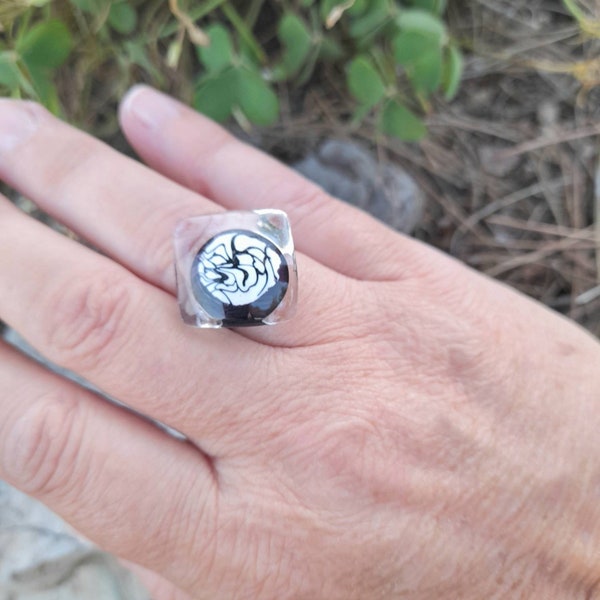 Fused Glass Ring. Black And White Fused Glass Ring. Adjustable Ring. Handmade Fused Glass Ring. Glass Ring. Artisan Ring. Tack Fused Glass.