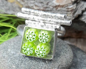 Fused Glass Ring. Lime Flower Ring. Flower Glass Ring. GlassRing. Handmade Fused Glass Ring. Fused Glass Jewelry.