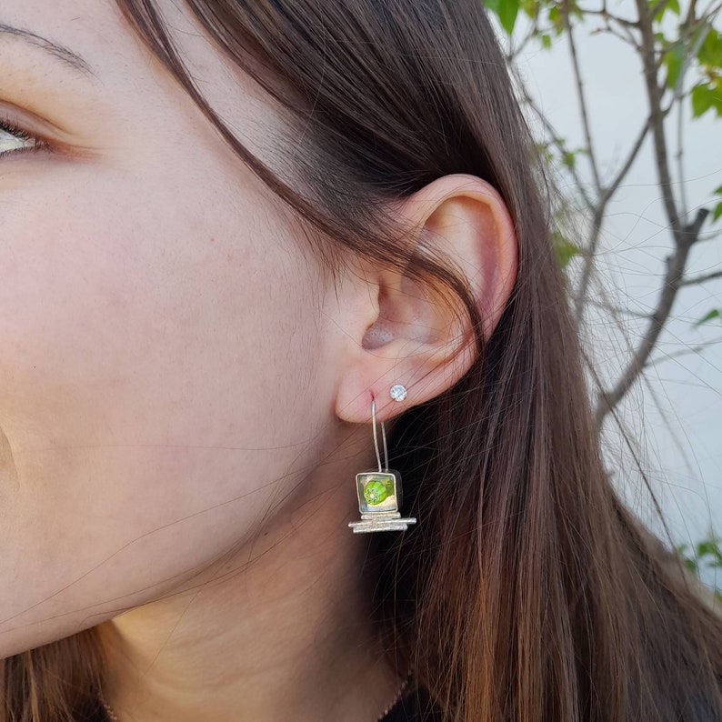 Orecchini in argento sterling fatti a mano in vetro fuso: fiore verde Millefiori immagine 1