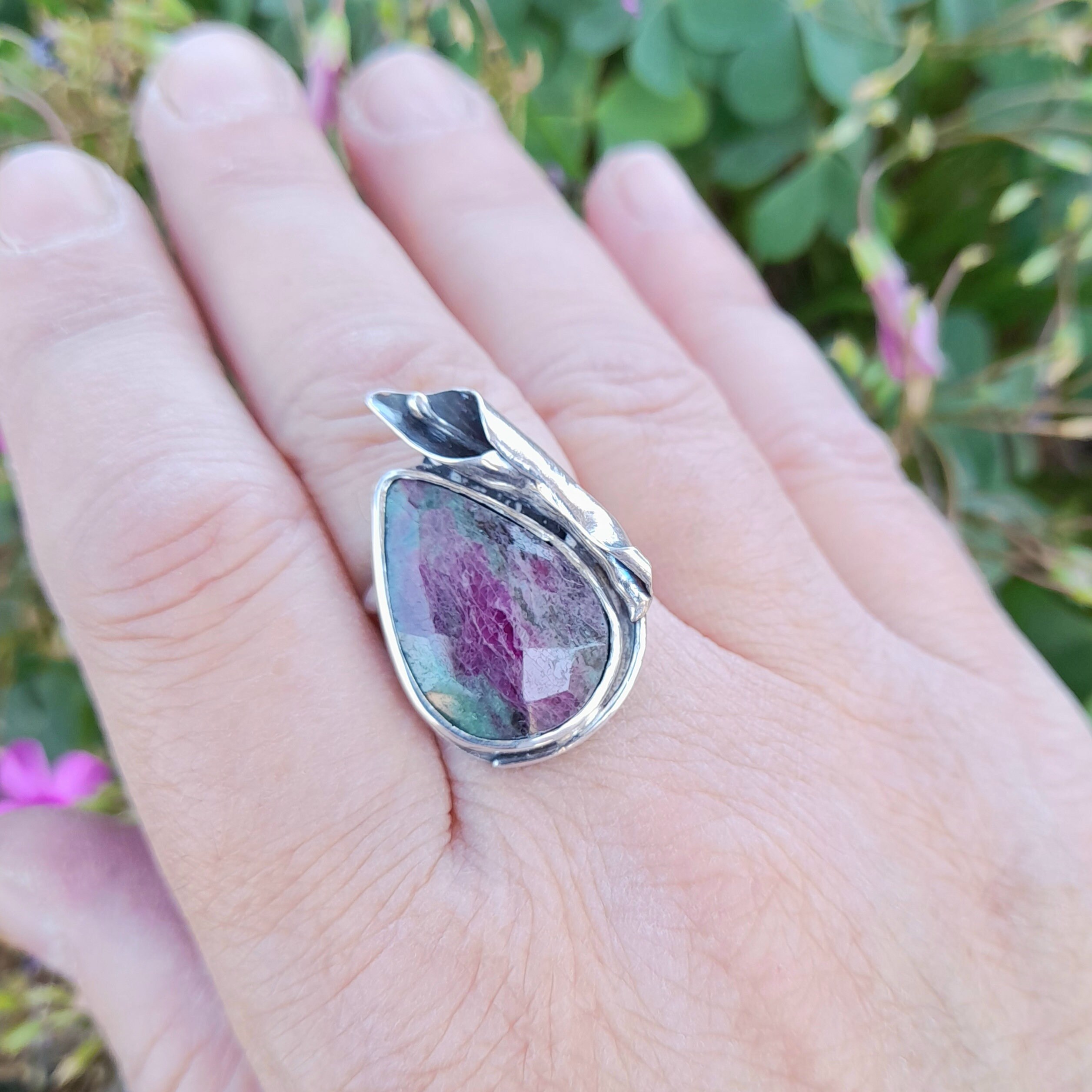 Handmade Sterling Silver Ruby Zoisite Ring: Artisan Boho Flower