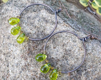 Hoop Earrings. Glass Earrings. Oxidized Copper Earrings. Green Glass Earrings. Handmade Earrings. Boho Earrings.