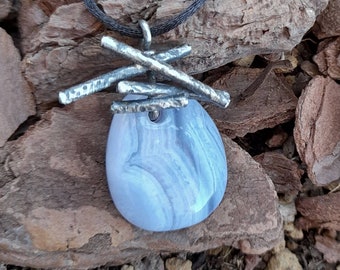 Handmade Sterling Silver Blue Chalcedony Pendant - Ethnic Necklace