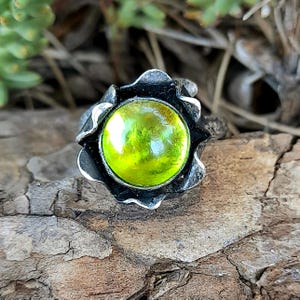 Lime Green Fused Glass Flower Ring: Sterling Silver Artisan Jewelry