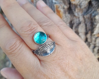 Fused Glass ring. Turquoise Glass Ring. Leaf and Turquoise Glass Ring. Sterling Silver Ring. Adjustable Ring. Artisan Ring.