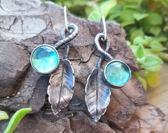 Fused Glass Earrings . Turquoise Glass Earrings. Leaf and Turquoise Glass Earrings. Sterling SilverEarrings. Artisan Earrings.