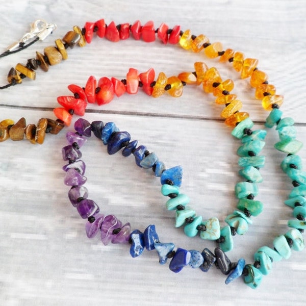 7 Chakra Necklace. Tiger Eye, Coral, Amber, Amazonite, Turquoise, Lapis Lazuli And Amethyst. Chakra Stones. Mineral necklace.