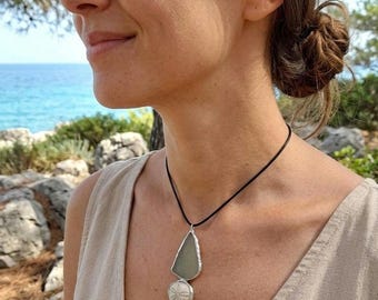Fossil Sea Urchin and Olive Green Sea Glass Pendant, Genuine Fossil Sand Dollar and Beach Glass Necklace in Pewter, Unique Eco Gift