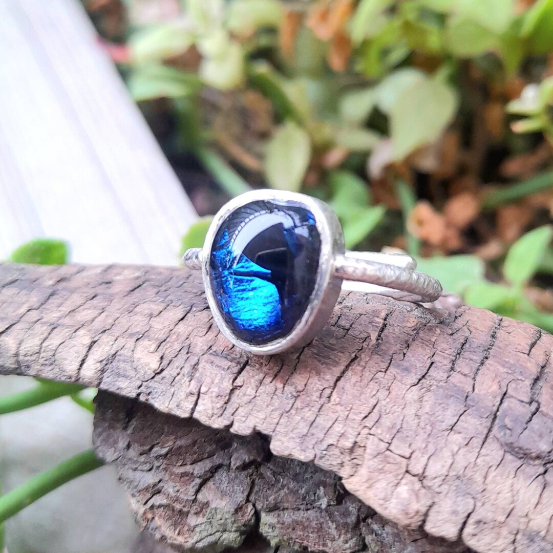 Fused Glass Ring. Blue Dichroic Glass Ring. Sterling Silver and Fused