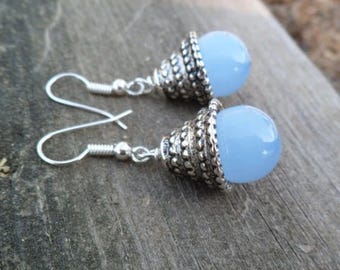 Blue Cat&#39;s Eye Dangle Earrings: Antique Silver Boho Style