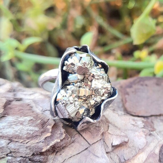 Raw Pyrite Ring. Rough Pyrite and Oxidized Silver Ring. Adjustable