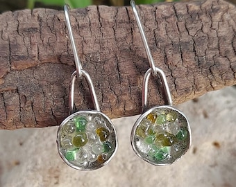 Handmade Sterling Silver Earrings with Multicolored Recycled Glass
