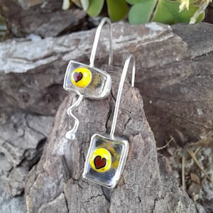 Fused Glass Earrings. Sterling Silver And Glass Earrings. Heart Glass Earrings.Handmade Fused Glass Dangle Earrings. Artisan Earrings.