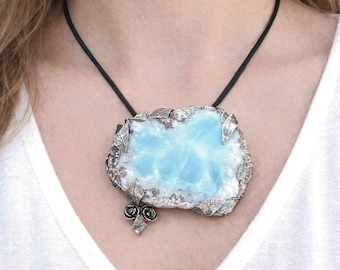 Handmade Larimar Geode Silver Pendant Necklace: Artisan Floral Jewelry