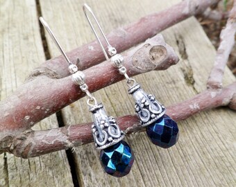 Handmade Black Czech Crystal Earrings: Antiqued Silver Dangle Earrings