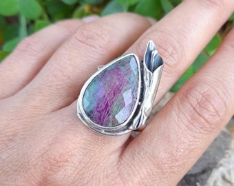 Handmade Sterling Silver Ruby Zoisite Ring: Artisan Boho Flower Jewelry