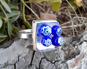 Fused Glass Ring. Blue Flower Ring. Blue Flower Glass Ring. Glass Ring. Handmade Fused Glass Ring. Fused Glass Jewelry.