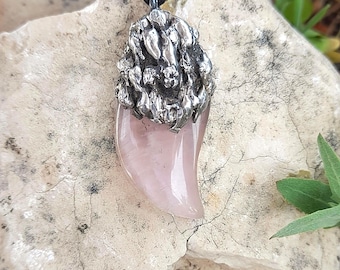 Natural Rose Quartz Pendant – Organic Pewter Cap, Boho Love Amulet. Tusk Pendant.