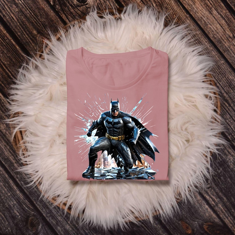 May include: A dusty rose t-shirt featuring a graphic of Batman in a dynamic pose. The superhero is depicted in a black and gray suit with a flowing cape, set against a backdrop of shattered glass. The shirt is folded neatly.