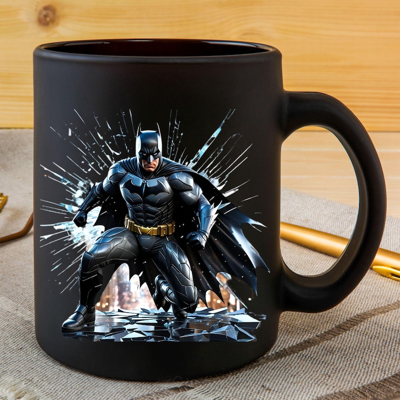 May include: Black ceramic mug featuring a graphic of Batman in a dynamic pose against a shattered glass background. The superhero is depicted in a dark gray and black costume with a yellow belt. The mug has a large handle.