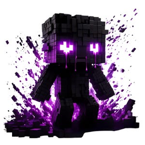 Puede incluir: Ilustración digital de un personaje Enderman de Minecraft. La figura está construida con bloques pixelados negros con ojos y lágrimas moradas brillantes. Salpicaduras moradas y un fondo blanco completan el diseño.
