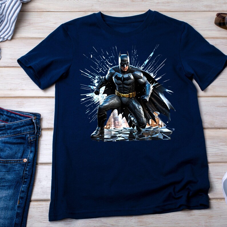 May include: Navy blue t-shirt featuring a detailed graphic of Batman in a dynamic pose, set against a shattered glass effect. The superhero is depicted in a dark gray suit with a yellow belt. The shirt is made of a soft material.