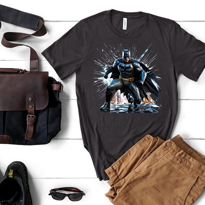May include: Dark gray t-shirt featuring a graphic of Batman in a dynamic pose. The superhero is depicted in a black and gray suit with a yellow belt, set against a backdrop of shattered glass. Tan pants, a black bag, and sunglasses are also visible.