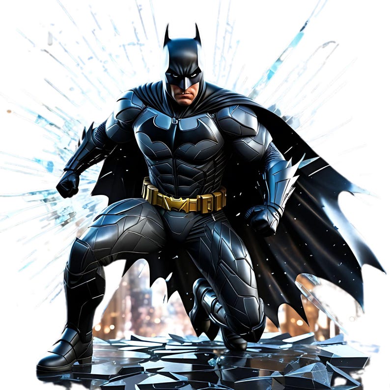 May include: A detailed image of Batman in a dynamic pose, kneeling with a determined expression. He is clad in a black armored suit with a bat symbol on the chest and a gold utility belt. The background features shattered glass.