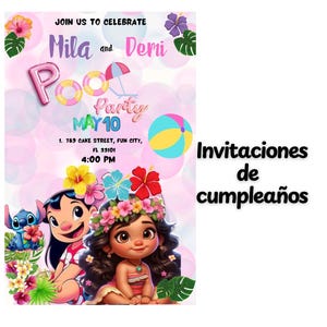 Peut inclure: Invitation à une fête à la piscine pour Mila et Demi le 10 mai à 16h00. L'invitation présente un fond rose avec des personnages de dessins animés de Moana et Lilo & Stitch de Disney.
