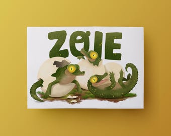 Personalised Baby Crocodile Illustration | Wildlife Bedroom Nursery Art | A4 or A3