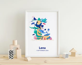 Personalised Letter Print | Wildlife Nursery Art | Sea Animals | A4