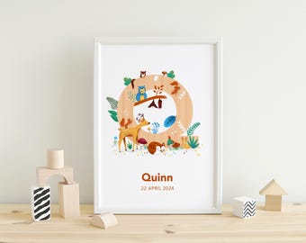 Personalised Letter Print | Wildlife Nursery Art | Forest Animals | A4