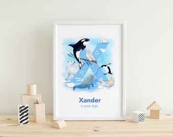 Personalised Letter Print | Wildlife Nursery Art | North and South Pole Animals | A4