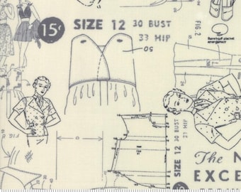 以下が含まれることがあります： クリーム色の背景に黒い線で描かれたヴィンテージの裁縫パターン。パターンには、ボディス、スカート、ボタン留めのジャケットが含まれています。パターンには、「サイズ12 30バスト 33ヒップ」と「ニューエクセロパターン」の文字が書かれています。