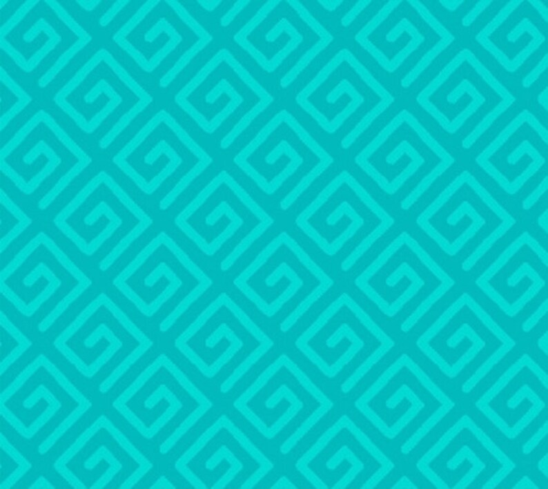 May include: A seamless pattern with a repeating geometric design. The pattern is made up of turquoise squares with a white outline. Each square contains a white spiral design.