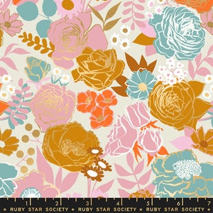 May include: A beige fabric with a floral pattern featuring pink, orange, gold, and teal flowers. The flowers are outlined in gold and have a vintage aesthetic.