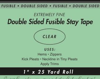 May include: A roll of clear, double-sided fusible stay tape. It is 1 inch wide and 25 yards long. The tape is extremely fine and can be used for hems, zippers, kick pleats, necklines, and applying trims.