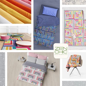 以下が含まれることがあります： ピンク、オレンジ、イエロー、ブルーの様々な色合いのカラフルな幾何学模様のファブリックのコレクション。ファブリックは、ベッドスプレッド、スローブランケット、テーブルランナー、小さなラグでコラージュされています。ファブリックは、正方形と長方形の繰り返し幾何学模様を特徴としています。画像には「Zen Chic」というテキストが表示されています。