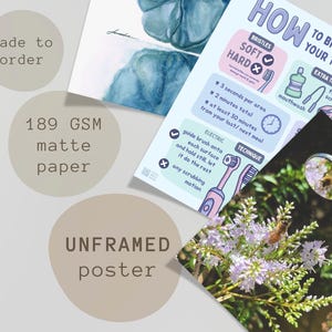 May include: An unframed poster on 189 GSM matte paper featuring a guide titled HOW TO BRUSH YOUR TEETH with illustrations of toothbrushes, mouthwash, and a tongue scraper, alongside a photograph of a bee on purple flowers and a dental mirror.