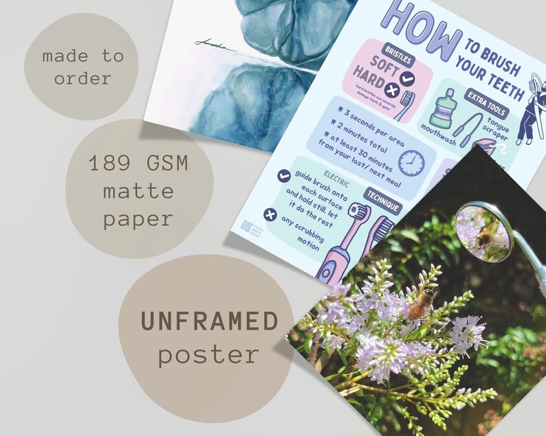 May include: An unframed poster on 189 GSM matte paper featuring a guide titled HOW TO BRUSH YOUR TEETH with illustrations of toothbrushes, mouthwash, and a tongue scraper, alongside a photograph of a bee on purple flowers and a dental mirror.