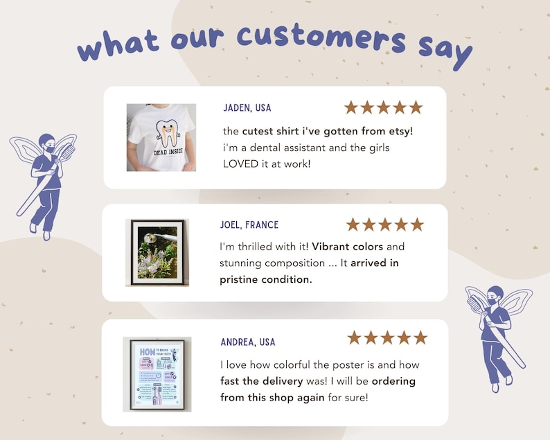 May include: A customer review graphic titled what our customers say featuring three white rectangular boxes with five-star ratings. Each box displays a product photo, a customer name, location, and a written review about a shirt, a framed print, and a poster.