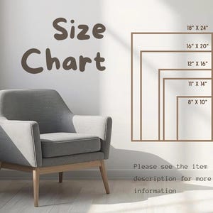 May include: A size chart graphic with the text Size Chart and a series of nested rectangles labelled with dimensions 8" x 10", 11" x 14", 12" x 16", 16" x 20", and 18" x 24". Below the rectangles, the text reads Please see the item description for more information.