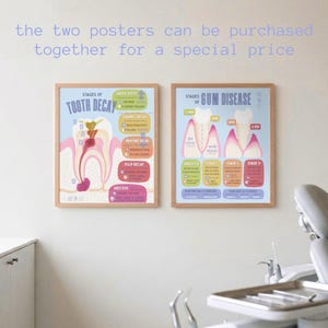 May include: Two framed educational posters displayed on a wall. The left poster is titled Stages of Tooth Decay, illustrating dental decay progression. The right poster is titled Stages of Gum Disease, showing gum health decline with colourful diagrams.