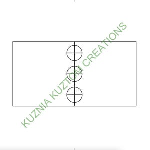 May include: A rectangular technical drawing template featuring a central vertical line intersected by three evenly spaced circles, each containing a crosshair. The text KUZNIA KUZTOM CREATIONS appears diagonally, with a title block labeled Double Blank Template.