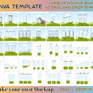 May include: A selection of tumbler mockups, including straight tumblers, mugs, and cups with lids and straws. The mockups are set against a green and blue background, with the text "CANVA TEMPLATE" and "TUMBLER MOCKUP BUNDLE".