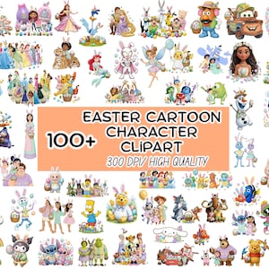 May include: A collection of over 100 Easter-themed cartoon character clip art images. The images feature various characters, including Disney princesses, cartoon animals, and other animated figures, all with Easter elements. The text reads "EASTER CARTOON CHARACTER CLIPART".