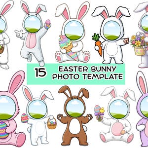 May include: A collection of 15 Easter Bunny photo templates. The templates feature cartoon bunnies in various poses, holding Easter eggs, carrots, and baskets. The bunnies are in white, pink, and brown with a circular space for a face.
