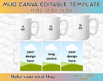 Modelli per tazze a stampa completa da 11 oz, 12 oz e 15 oz / Cornici per tazze modificabili Canva / Modello per tazze a sublimazione / File PNG per presse per tazze