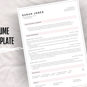 May include: A white resume template with pink accents, featuring sections for professional summary, work experience, education, and skills. The words "RESUME TEMPLATE" are in large black letters on the left side.