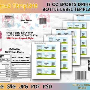 May include: A template for 12 oz sports drink bottle labels. The design includes editable nutrition facts, a pink bottle, and various label layouts. The sheet size is 8.5" x 11" with a label size of 6" x 2". The template is available in PNG, SVG, JPG, PDF, and PSD formats.