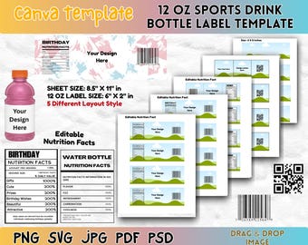 12oz Sport Drink Bottle Label Template - Editable Canva, SVG, PSD Files - Customizable Frames